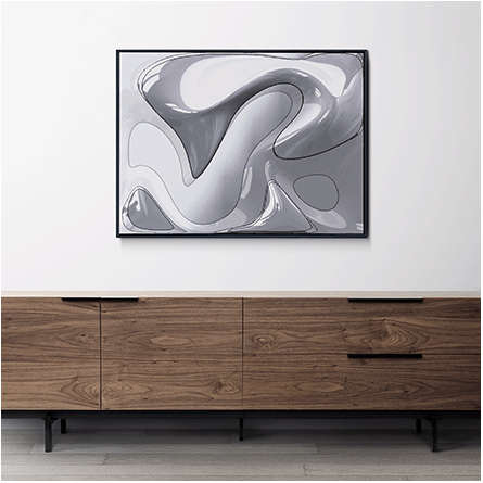 concept of a wall art piece with a fluid convex form reminiscent of liquid metal interlaced with the surface of glass in a rectangular frame