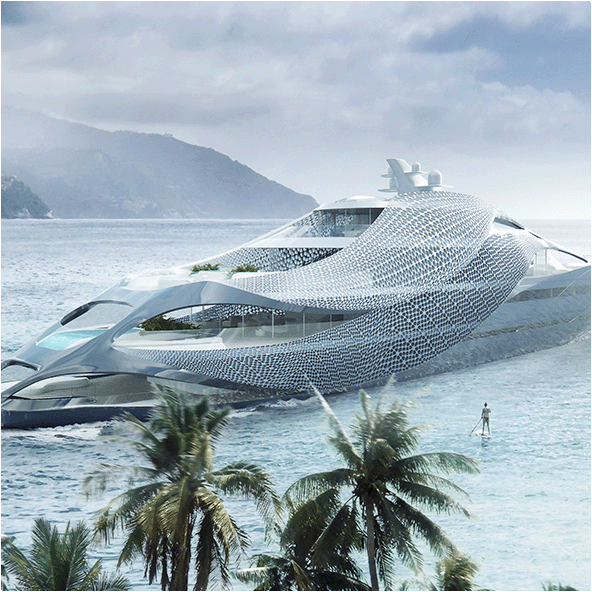 Visualisation of a large futuristic superyacht with parametric organic shading structures on the flanks as a Master's thesis project