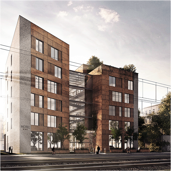 Visualisation of a Hotel building designed in the industrial style where two building parts are connected with a glass connector and facade is made of corten steel wall panels and grey bricks