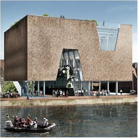 Visualisation of the concept of the new building of the national maritime museum in Gdańsk in a simple geometrical form with a perforated brick facade