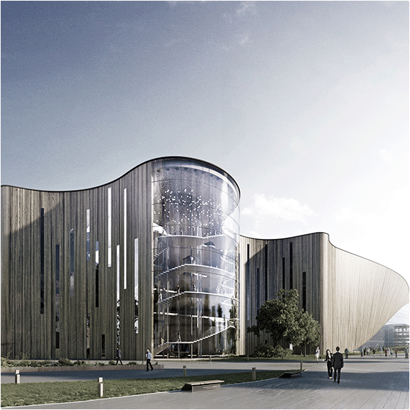 Visualisation of a concept of an opera house in Gdansk with wavy outer contours, a wooden facade and a large glass window with a glamorous staircase