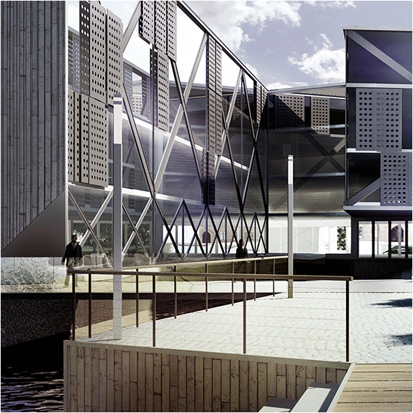 Visualisation of a square with office buildings and access to the river as part of the urban development concept for the Rakowy Market in gdansk