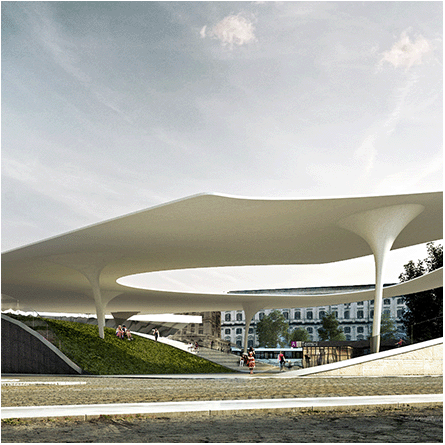 Visualisation of a roofing out of shell structure above the recreational and service area as a concept for the Rome Motorino Check Point