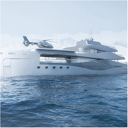 Visualisation of a concept of an explorer yacht with sleek lines, a bow clearance for recreational purposes and a helicopter landing pad