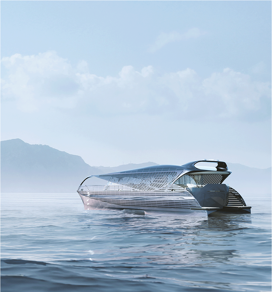 Visualisation of the Solar Impact yacht design with multi-dimensionally arranged solar panels