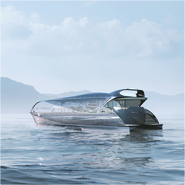 Visualisation of the exterior design of Solar Impact yacht with openable side shades with a lamella structure covered with solar panels and a unique flip-flop paint finish