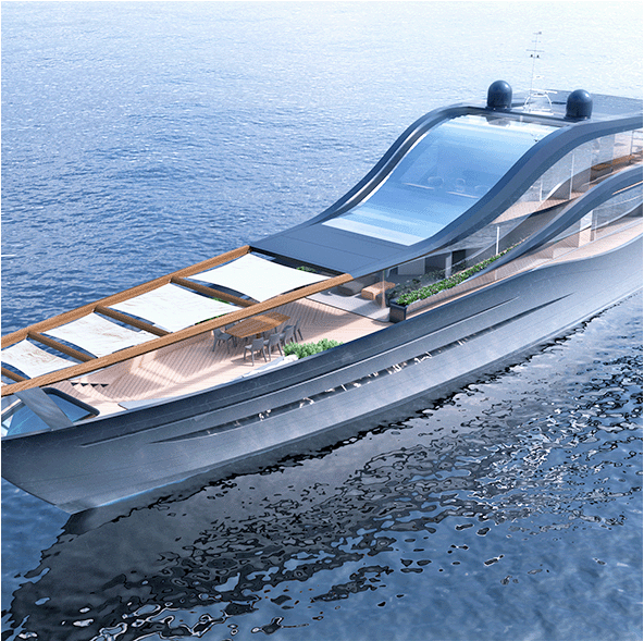 Visualisation of the ZESA yacht concept with membrane sunroofs over the outdoor lounge with jacuzzi on the bow and gradient grey-blue hull colour